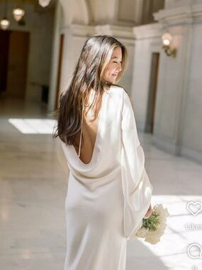 Savannah Miller Cream Satin Modern Tea length Designer Wedding dress